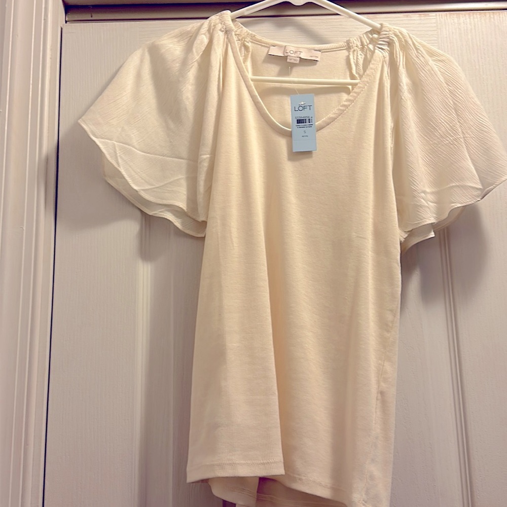NWT Loft Flutter Sleeve ribbed cream blouse -size SP